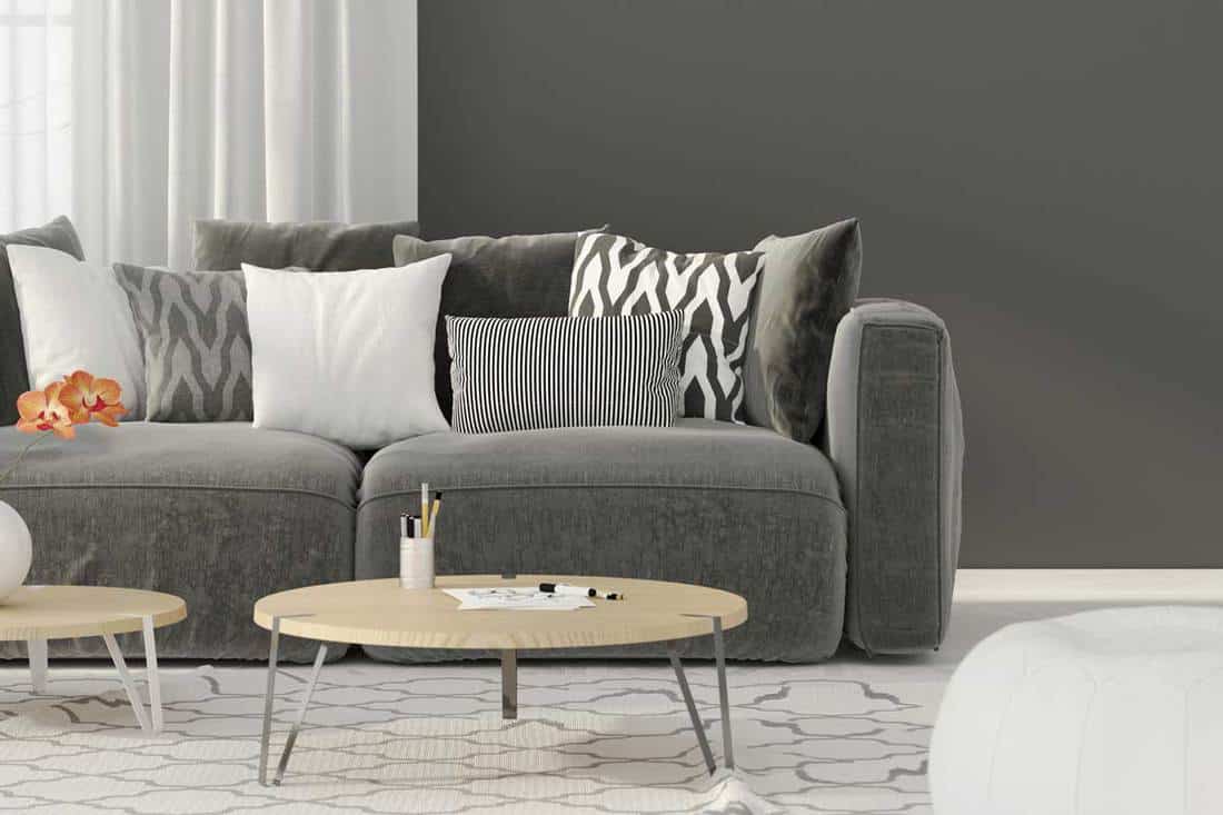 Modern living room interior with gray sofa, throw pillows, coffee table, carpet and gray wall, What Color Carpet Goes with Gray Walls? [5 Suggestions with Pictures]