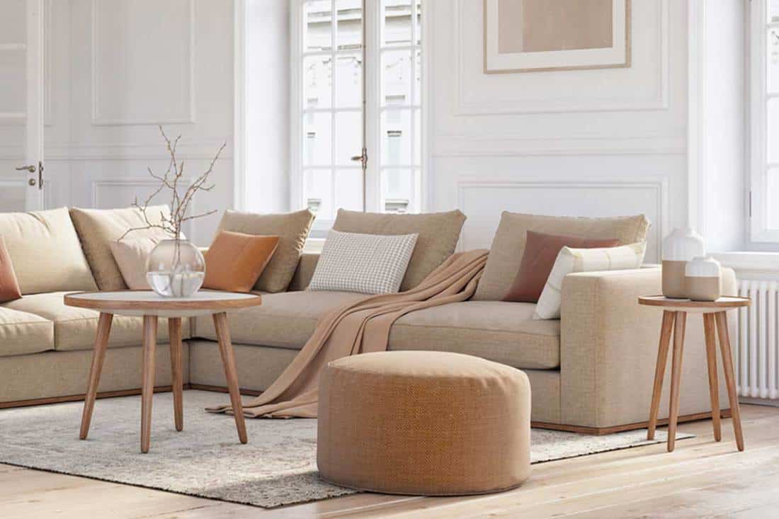Scandinavian living room with beige colored furniture and wooden elements, What Cushions and Pillows Go With a Beige Sofa? [16 Suggestions with Pictures]
