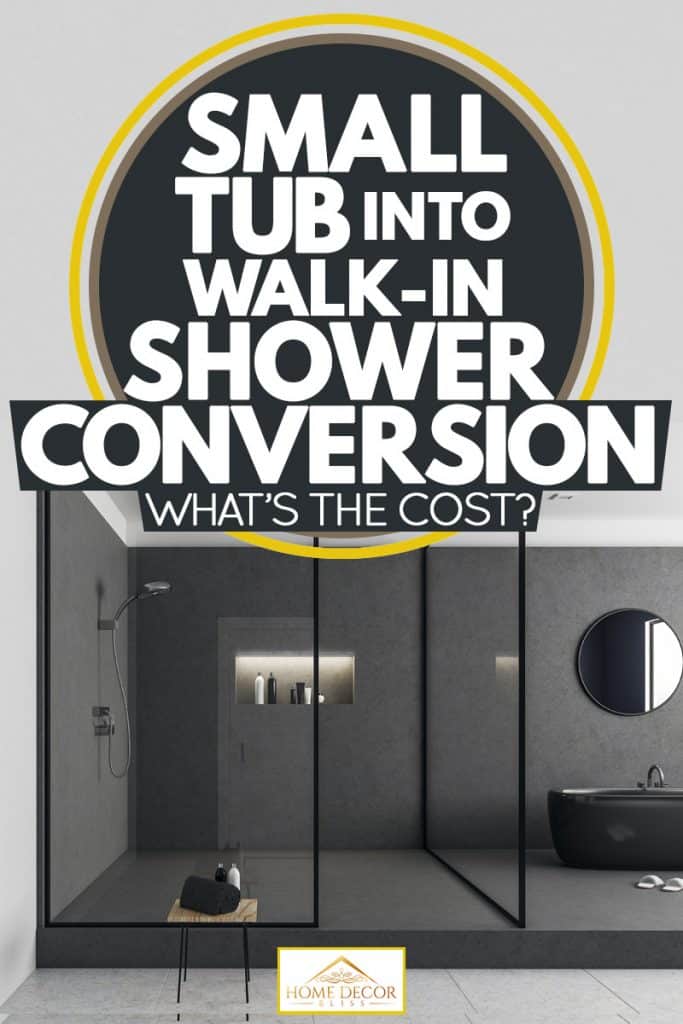 A modern bathroom with a dark gray texture on the flooring and walls, Small Tub into Walk-in Shower Conversion: What’s the Cost?