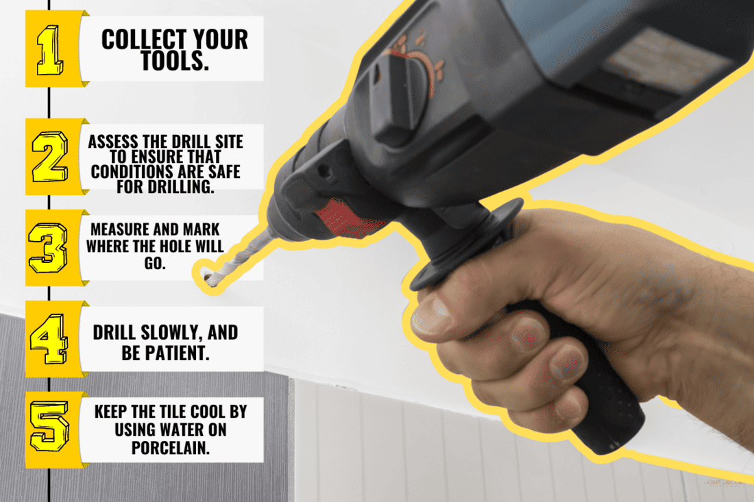 Drilling hole in bathroom wall for installing bathroom accessories. Selective focus. - How To Drill Through a Porcelain Tile in 5 Easy Steps