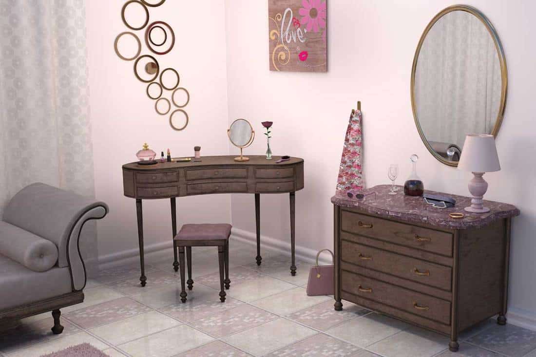 Feminine living room interior with couch, vanity desk and dresser drawer, Can You Put a Dresser in the Living Room?