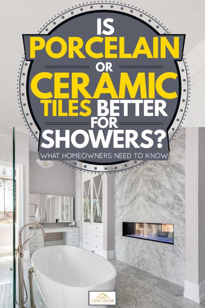 A luxurious living room with gray porcelain tiles and a big white bath tub, Is Porcelain Or Ceramic Tile Better For Showers? What homeowners need to know