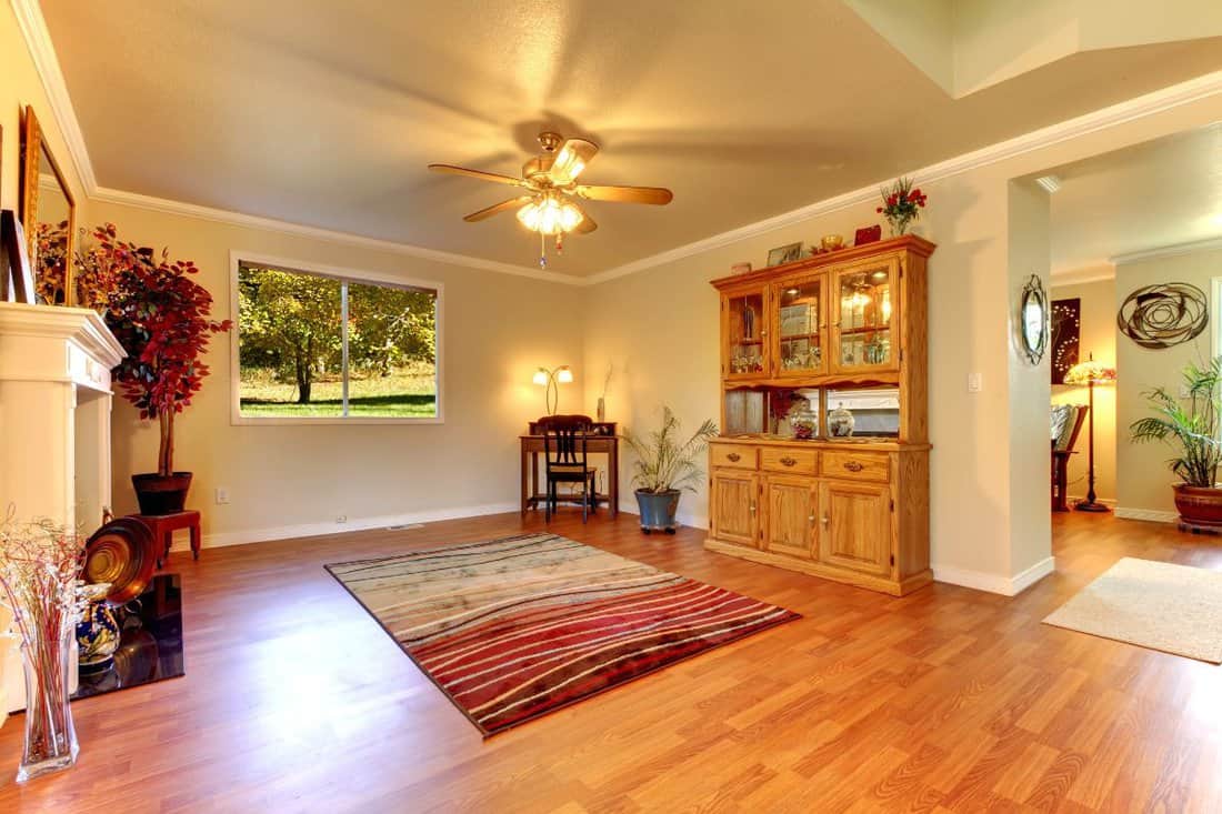Large Living room with hardwood floor, red rug and beige walls.