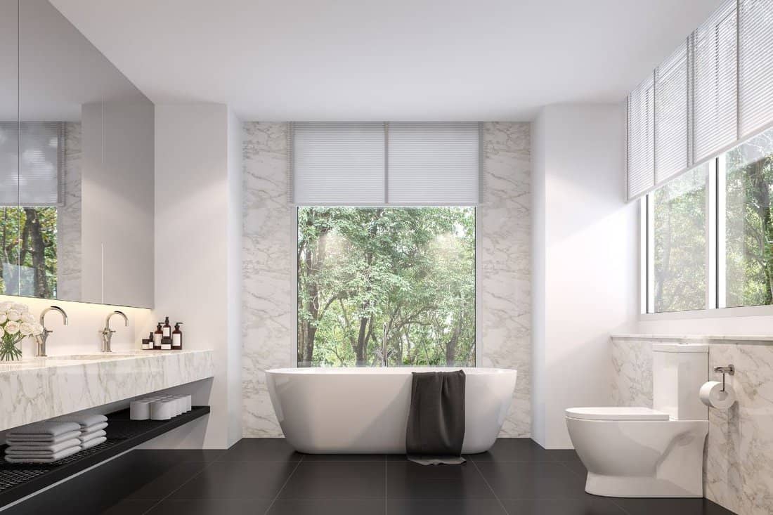 Luxurious bathroom with natural views 3d render,The room has black tile floors, white marble walls, There are large windows sunlight shining into the room. 
