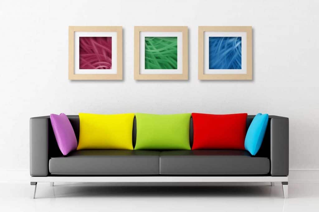 Minimalist lounge with colorful throw pillow