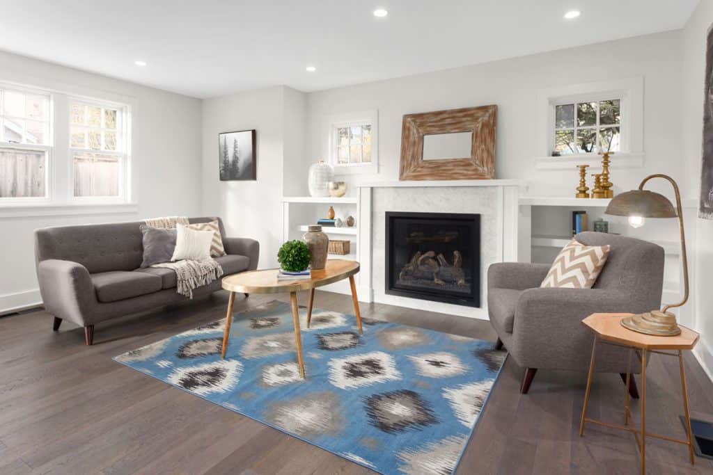 Modern gray and white themed living room with white painted walls and a matching blue colored rug
