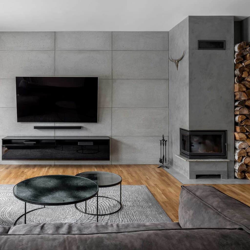 Salon moderne avec TV, mur de ciment, tapis gris et cheminée murale