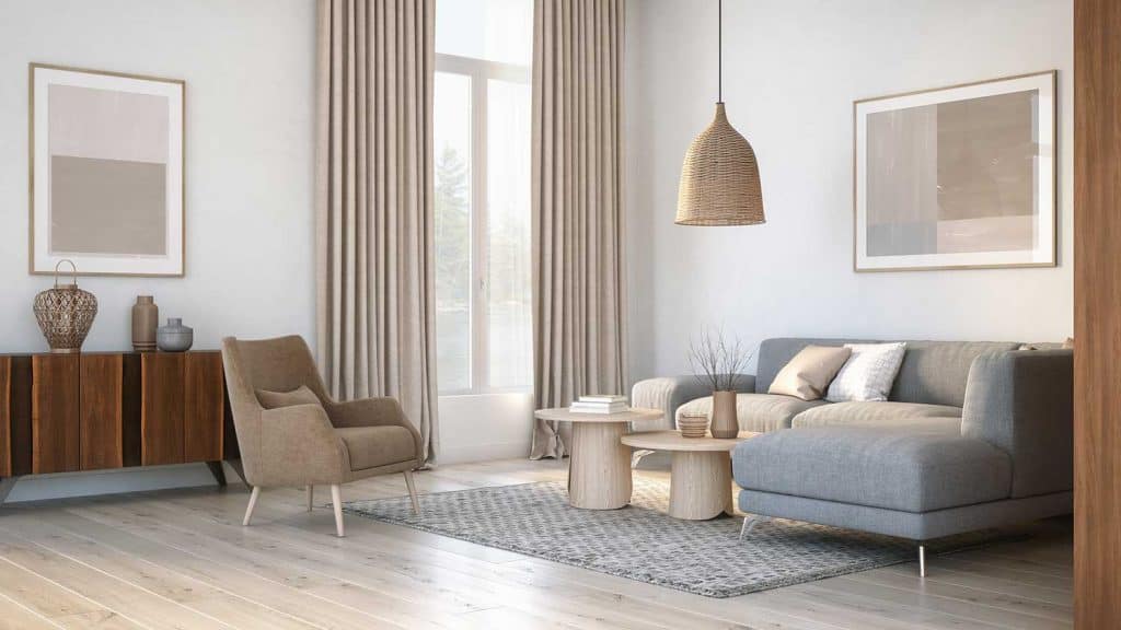 Salon de design d'intérieur scandinave avec des meubles de couleur grise et beige et des éléments en bois