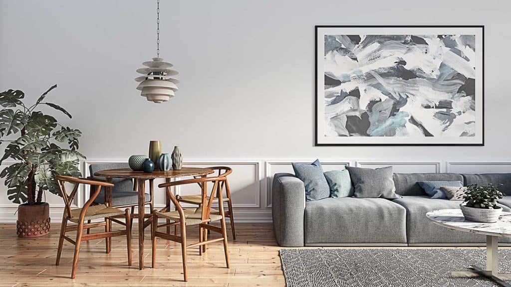 Salon de design d'intérieur scandinave avec des meubles de couleur grise et des éléments en bois