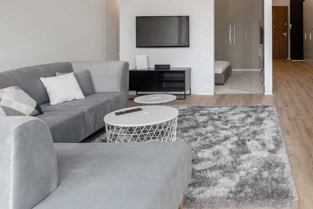 Salon d'appartement décloisonné élégant avec canapé d'angle gris et tapis