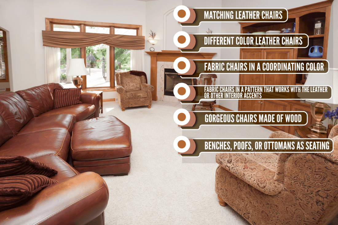 Interior of a rustic inspired living room with leather sofas and matching wooden chairs and furniture, What Accent Chairs Go With A Leather Sofa?