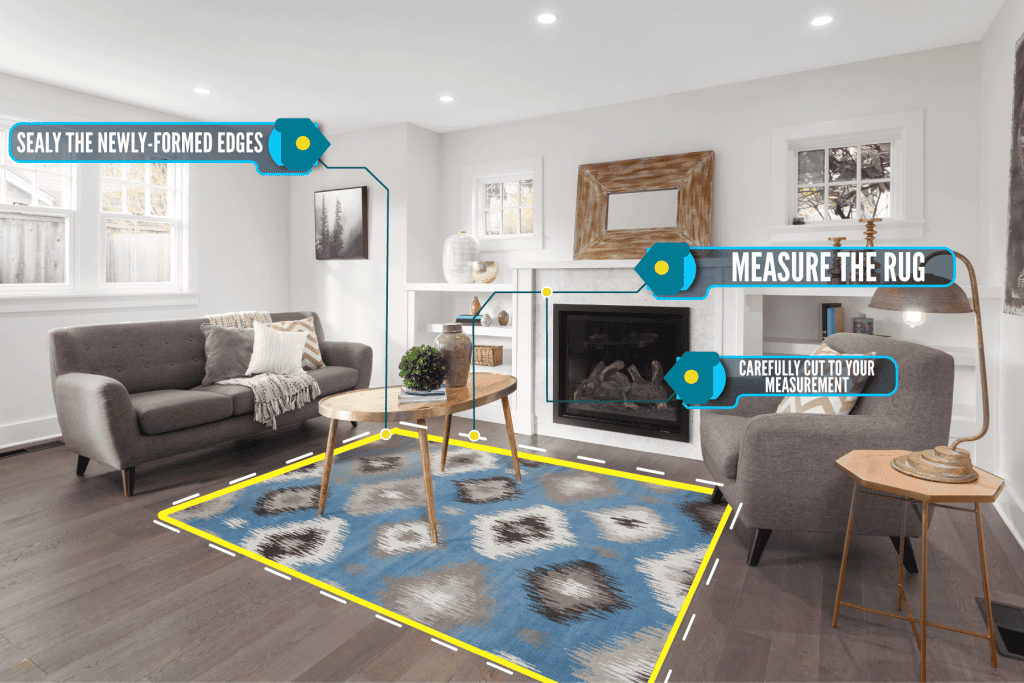 Modern gray and white themed living room with white painted walls and a matching blue colored rug, What Can I Do If My Rug Is Too Big? [Resizing a rug in 3 steps]