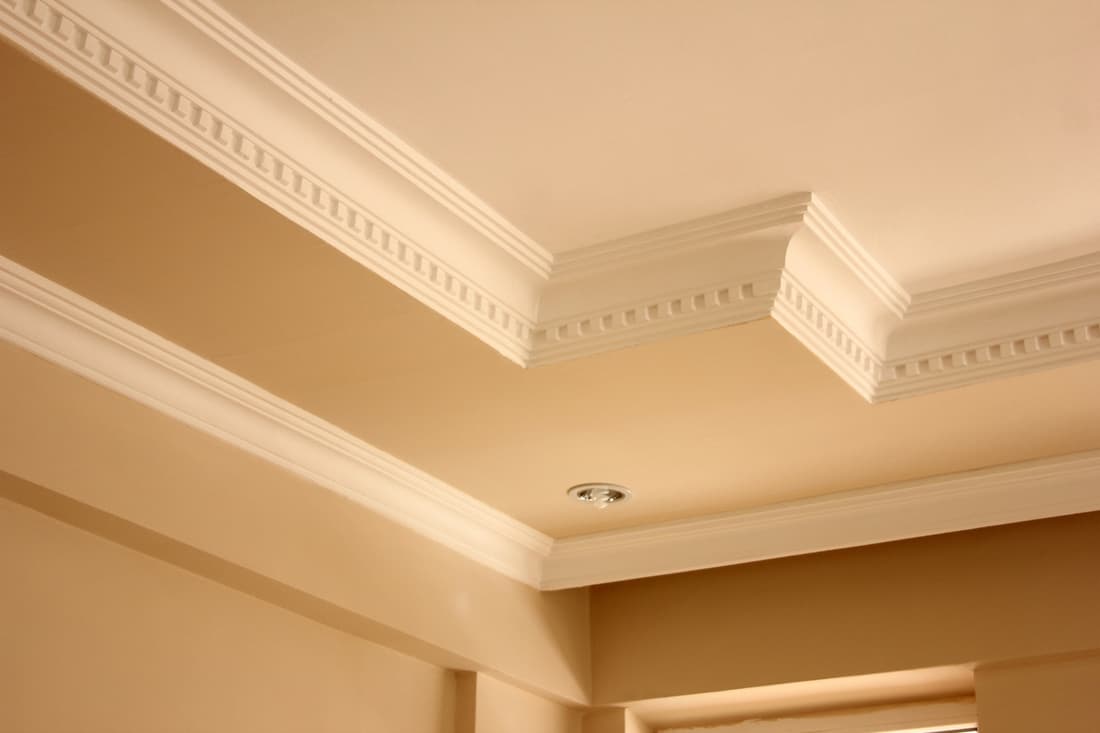 A crown molding in living room painted with cream paint with light brown painted wall, What Rooms Should Have Crown Molding?