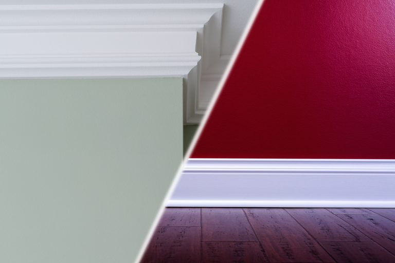 A green wall with white crown molding and a magenta colored wall with a white baseboard, Should Baseboards And Crown Molding Match?
