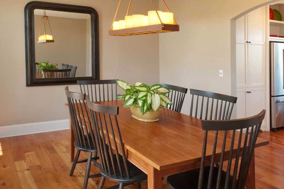 Belle salle à manger simple de style campagnard, plancher de bois franc et lustre à bougies, devriez-vous mettre un miroir dans la salle à manger ? [Here's How]