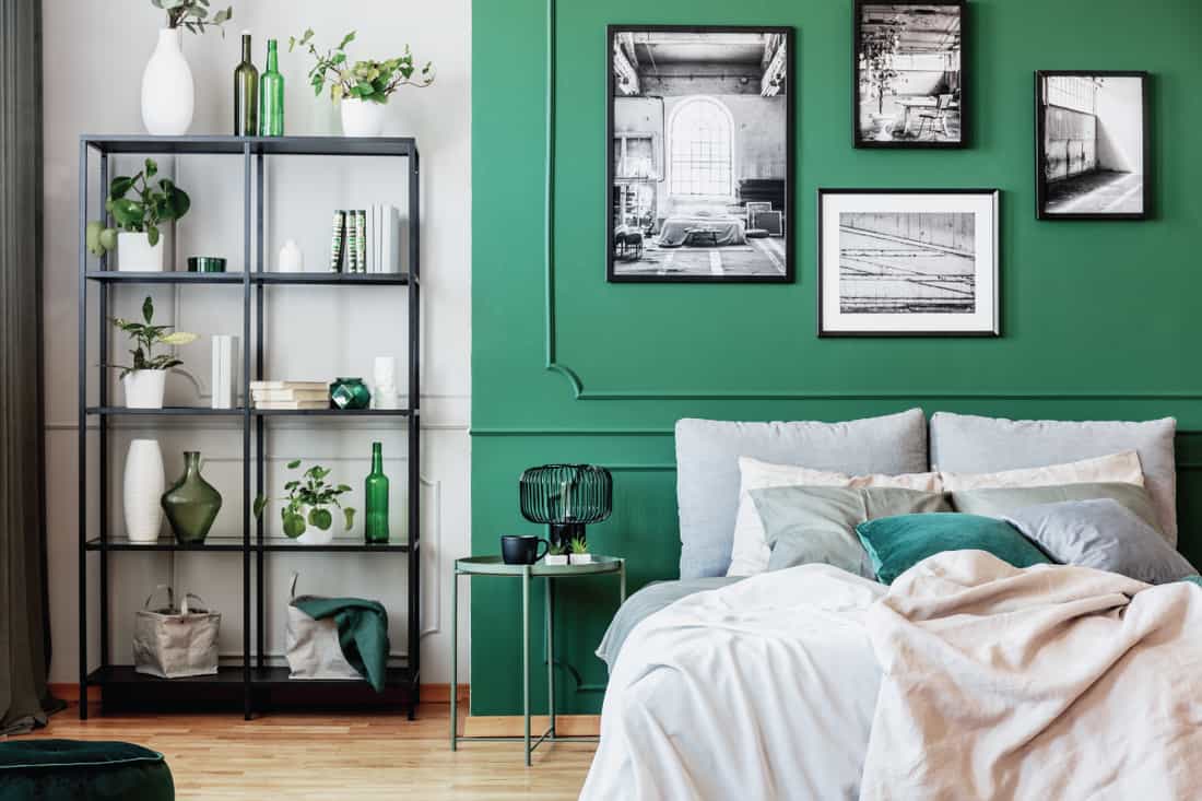 Gallery of black and white poster on green wall behind king size bed with pillows and blanket