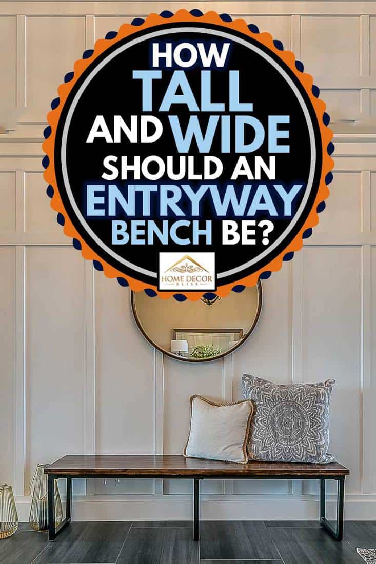 round mirror on the wall with wainscoting and beautiful blue front door, How Tall and Wide Should an Entryway Bench Be?