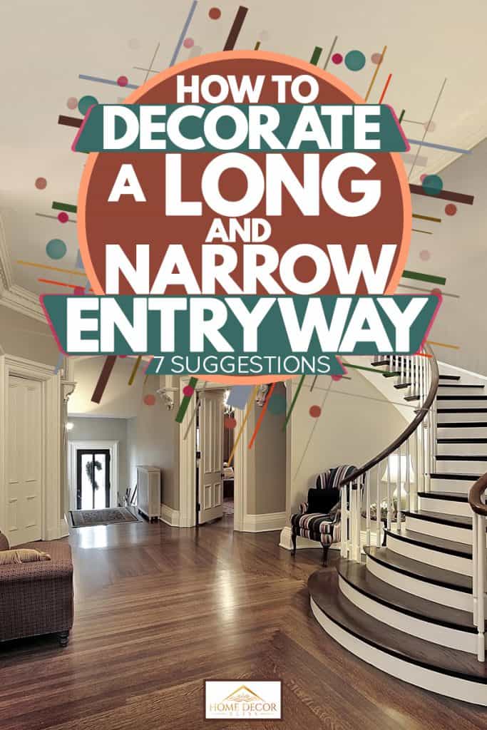 A luxurious looking foyer with a curved staircase and a matching wooden vinyl flooring, How to Decorate a Long and Narrow Entryway [7 Suggestions]