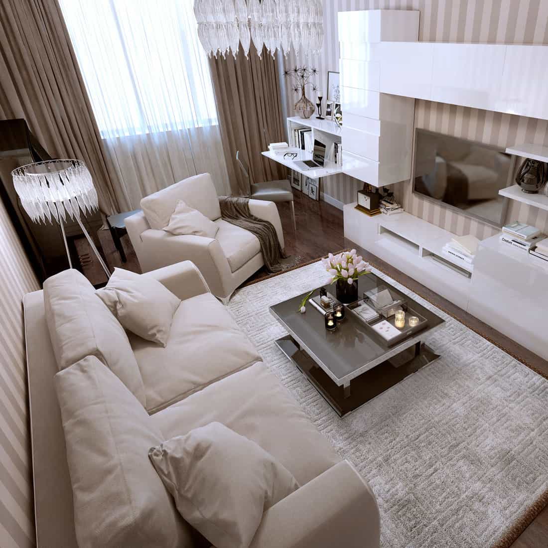 Salon luxueux de condominium de studio avec le rideau brun