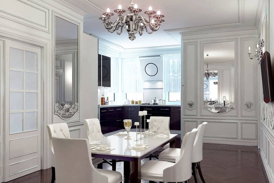 Luxury dining room interior with white chairs, tables and walls