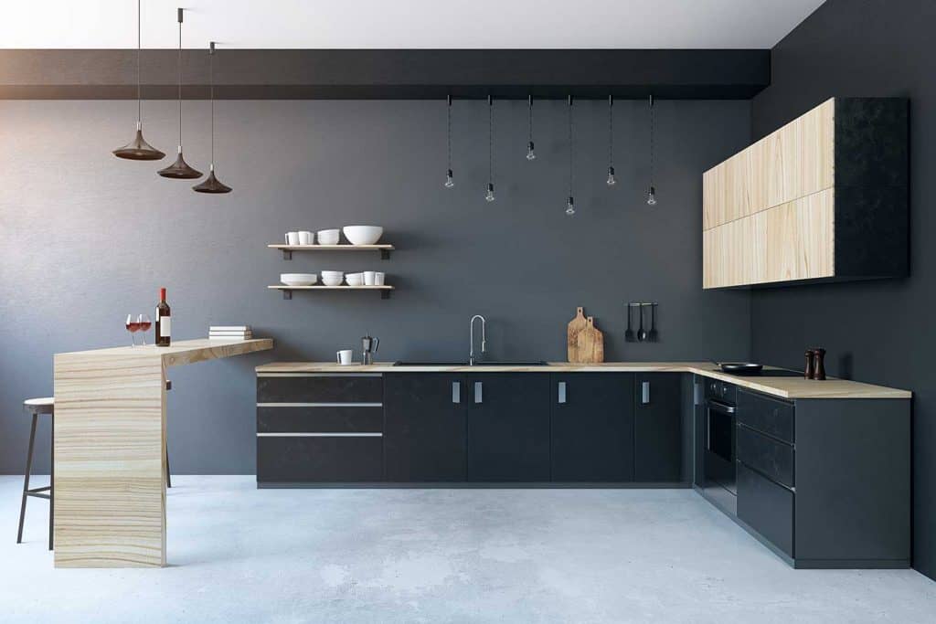 Modern kitchen interior with dark walls