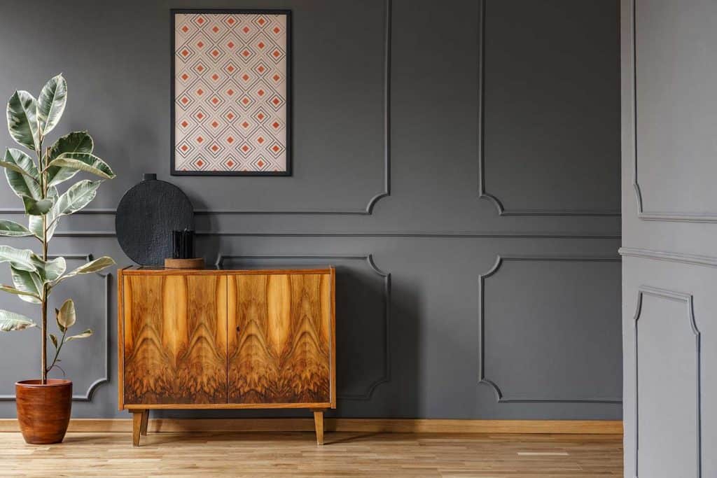 Affiche au-dessus de l'armoire en bois à côté du ficus à l'intérieur du salon avec mur gris avec moulure