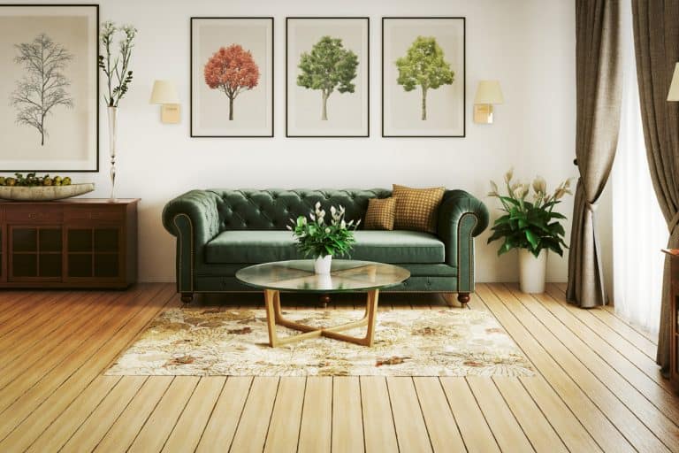 Classic living room with a green couch and a glass coffee table in front with a rug on the floor, Should You Place A Rug On Carpet?
