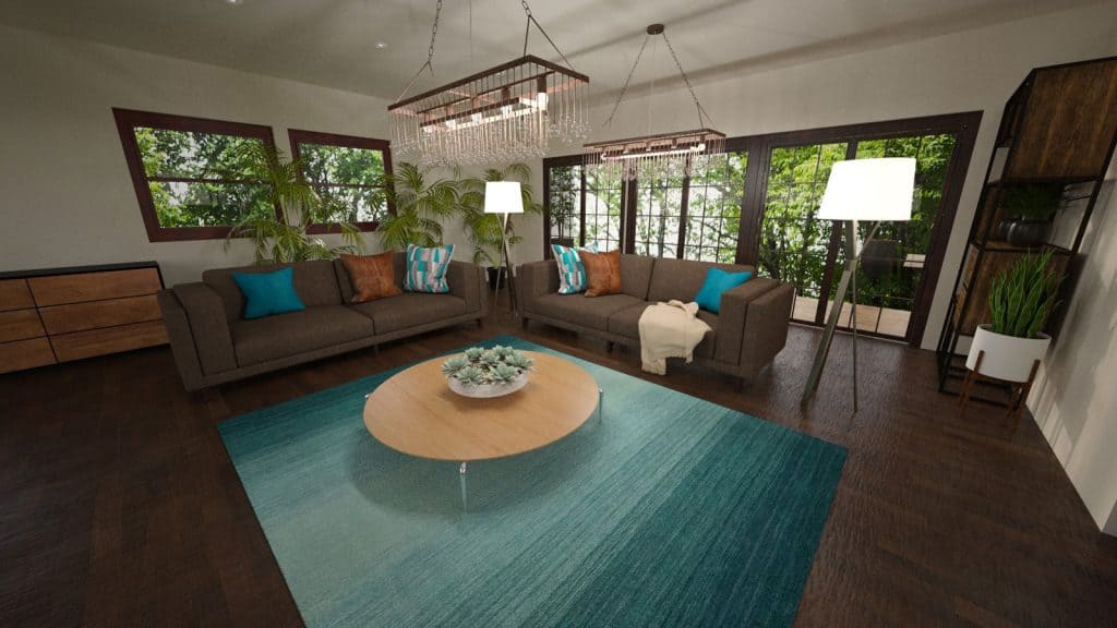 A large blue rectangle rug below a round wooden table in a traditional living room
