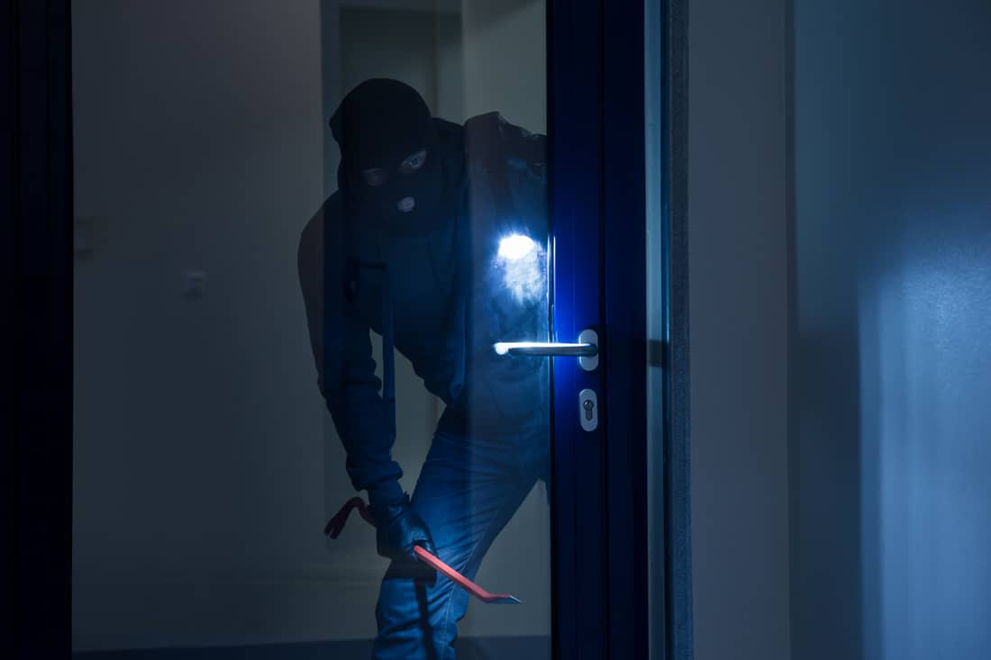 A robber holding a flashlight and a crowbar looking behind the glass door