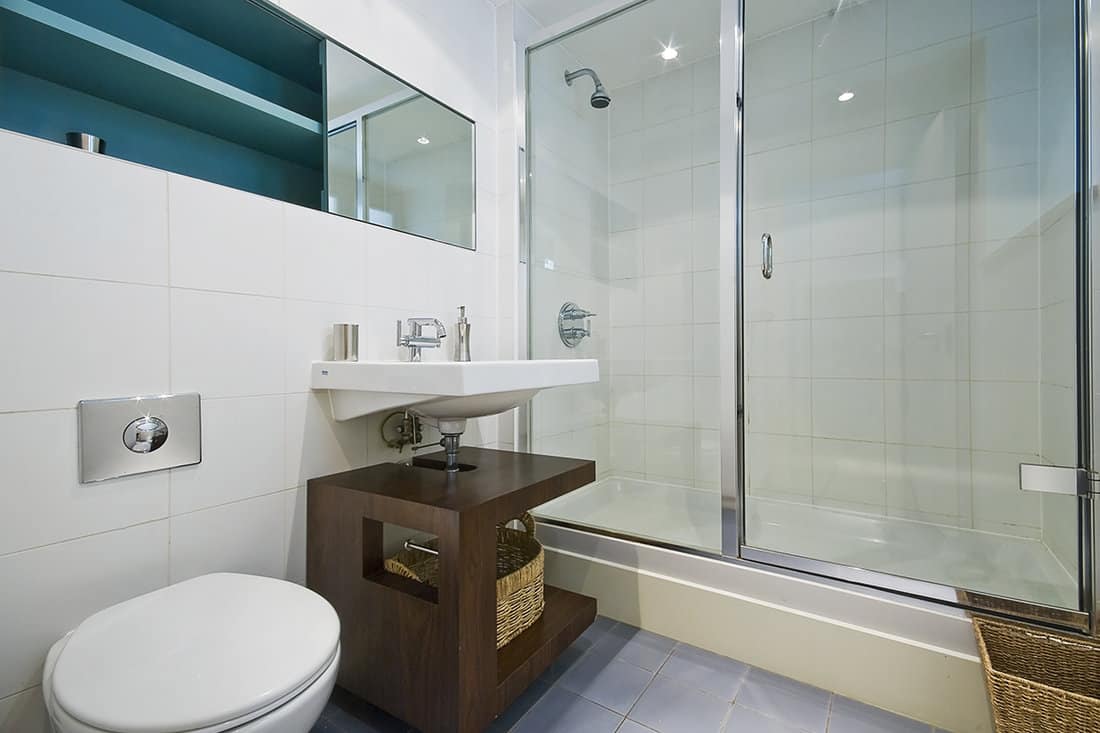 Bathroom with corner shower and decorative elements