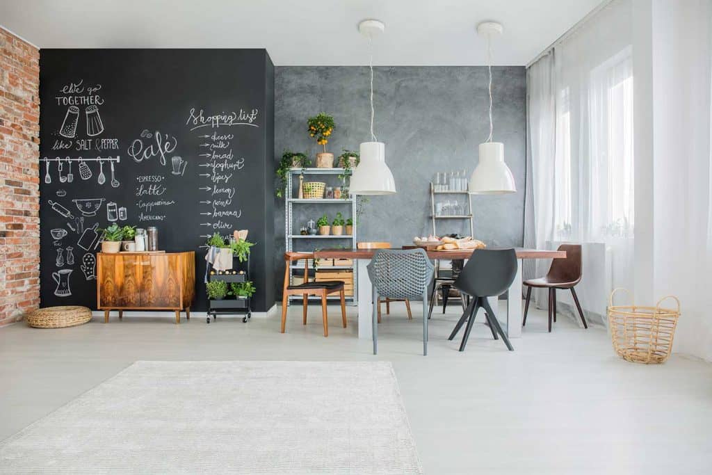 Chalkboard kitchen decor in open spacious dining room