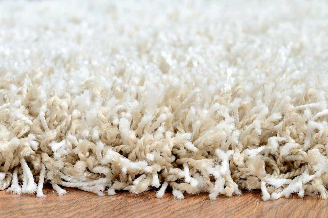 Close-up of white shaggy carpet on brown wooden floor, What is Considered High Pile Carpet? [Incld. Examples]