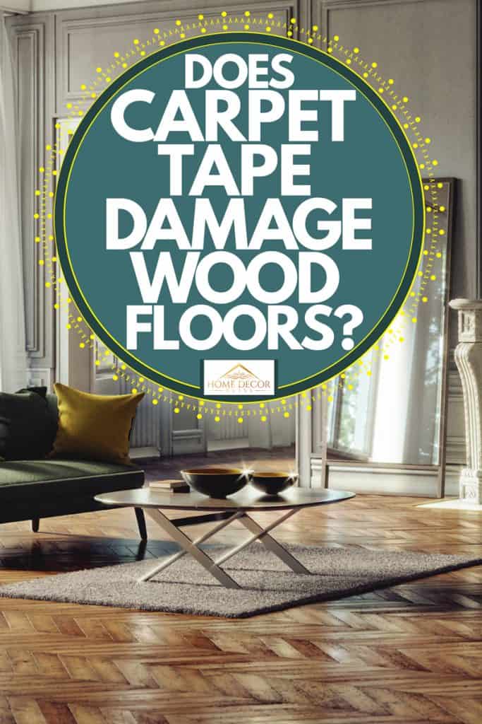 A modern classic house with wooden floorings and a single couch on the center of the house with a carpet under a table, Does Carpet Tape Damage Wood Floors?