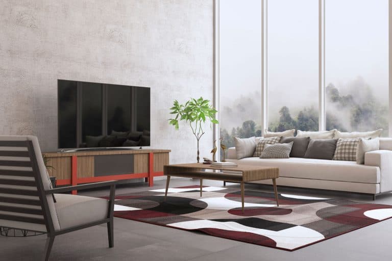 Interior design of the modern living room with colored carpet and a TV