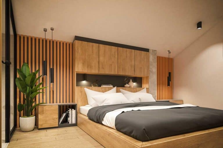 An interior design of a modern bedroom with wooden cabinet as a headboard alternative, 11 Headboard Alternatives For Your Bedroom