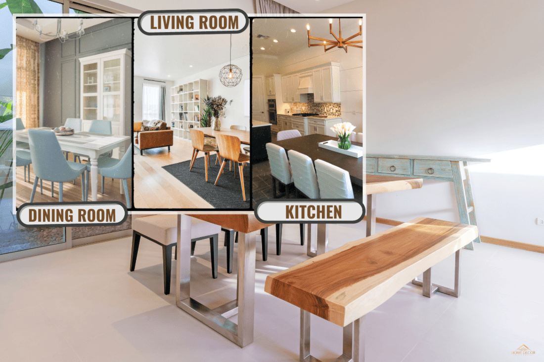 Kitchen wooden table top and kitchen blur background interior style scandinavian. - Where To Place The Dining Table In Your House [3 Options]
