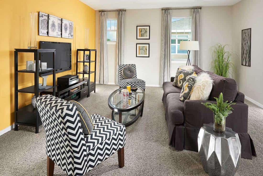 Living room with yellow accent wall, flat screen tv, couch and a carpet floor