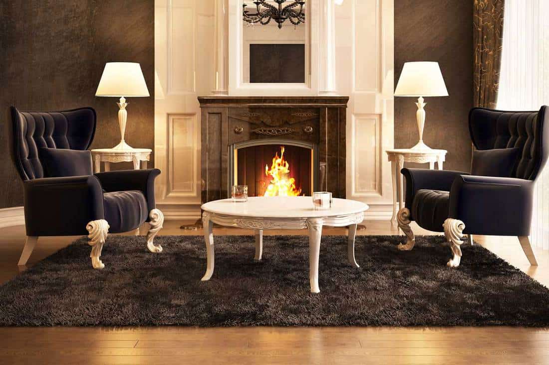 Luxury living room with fireplace in a big house, 17 Black Rug Living Room Ideas