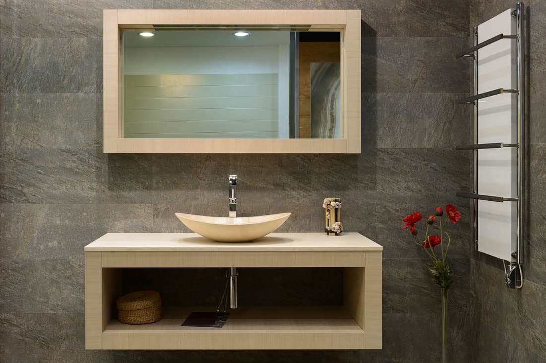 Modern-Interior-bathroom-with-wood-materials-and-ceramic-sink, how far should bathroom sink be from the wall (and from edge of counter)