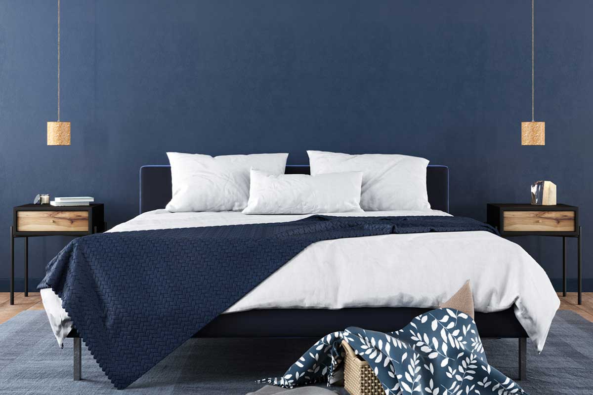 Modern bedroom interior with a stylish combination of trendy blue and light wood texture, Which Way Should Pillows Face On A Bed?