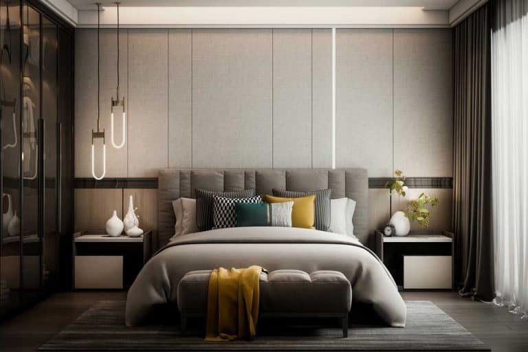 Modern interior design of spacious bedroom with matching gray headboard, Should the Headboard Match the Bed?
