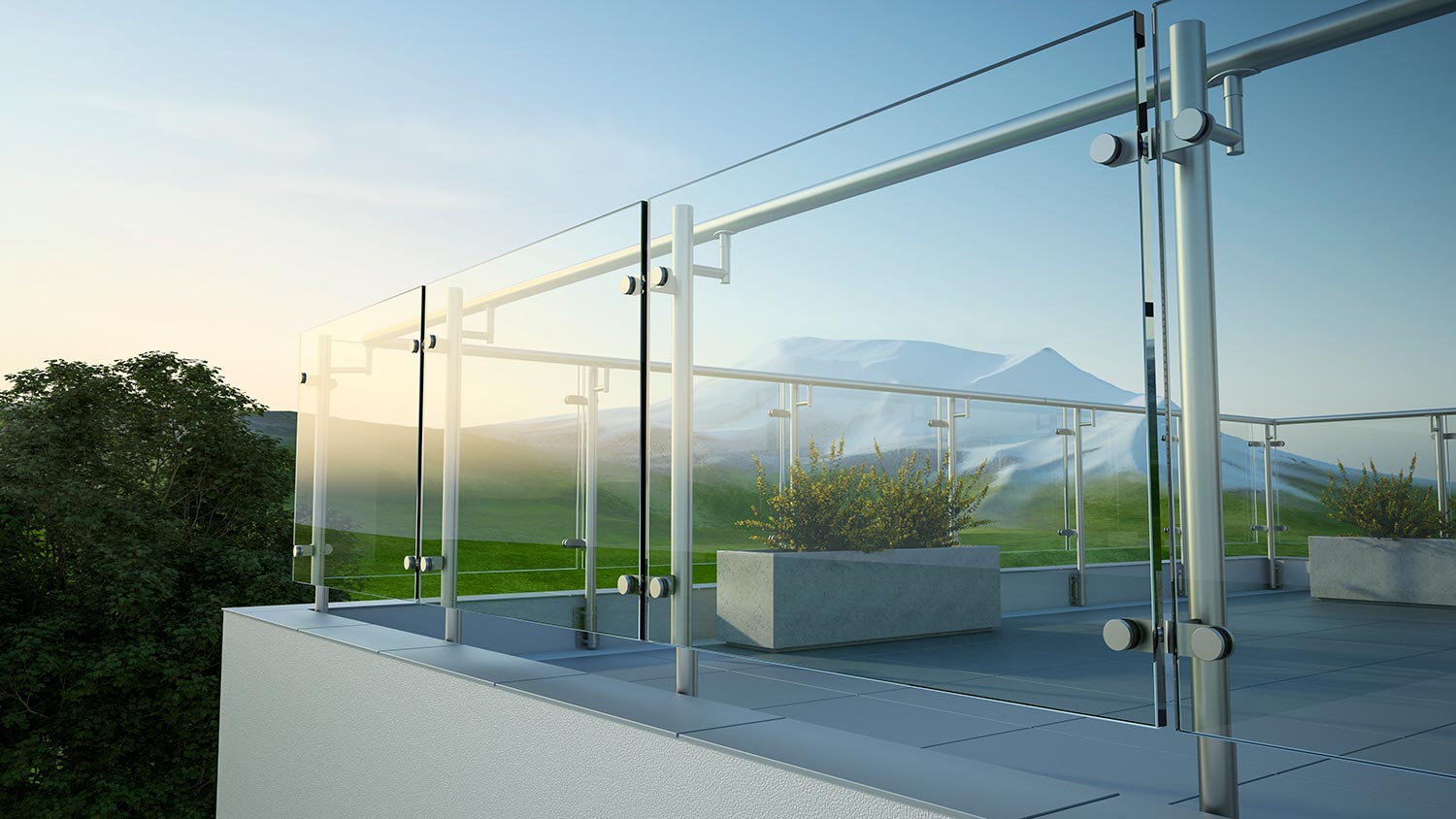 Modern stainless steel railing with glass panel