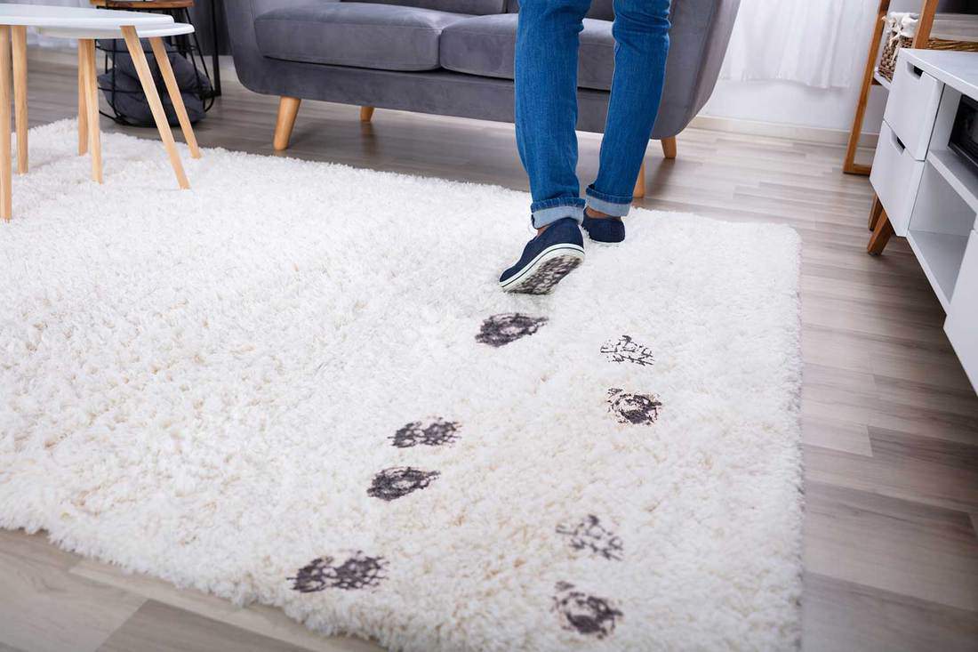 Person walking with muddy footprint on carpet