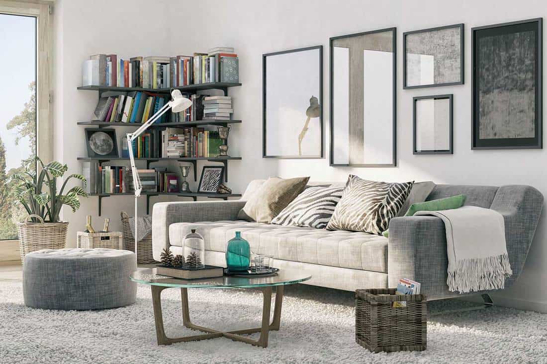 Picture of cozy living room with corner bookshelf