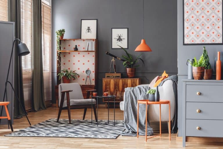 A retro themed living room with cool furnitures and a gray painted wall, What Wall Paint Colors Go With Dark Brown Furniture? [5 Best Options]