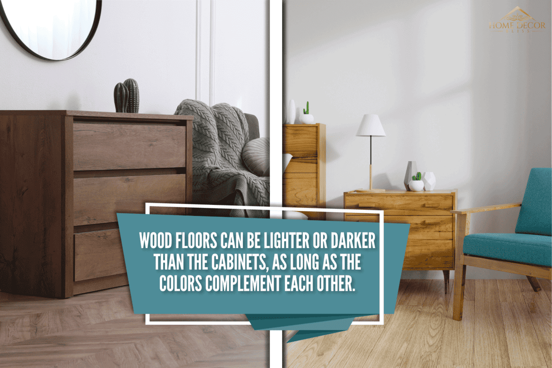 collab photo of a lighter wood and a darker wood than cabinets, Should-Wood-Floors-Be-Lighter-Or-Darker-Than-Cabinets