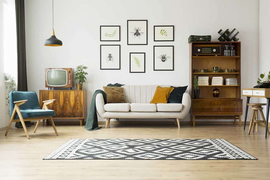 Télévision vintage posée sur un meuble en bois à côté d'un canapé confortable dans un intérieur élégant de la salle de jour