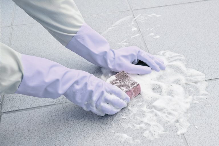 Hands with white rubber gloves using sponge to clean tile and grout, How To Remove Paint From Tiles [4 EASY ways]