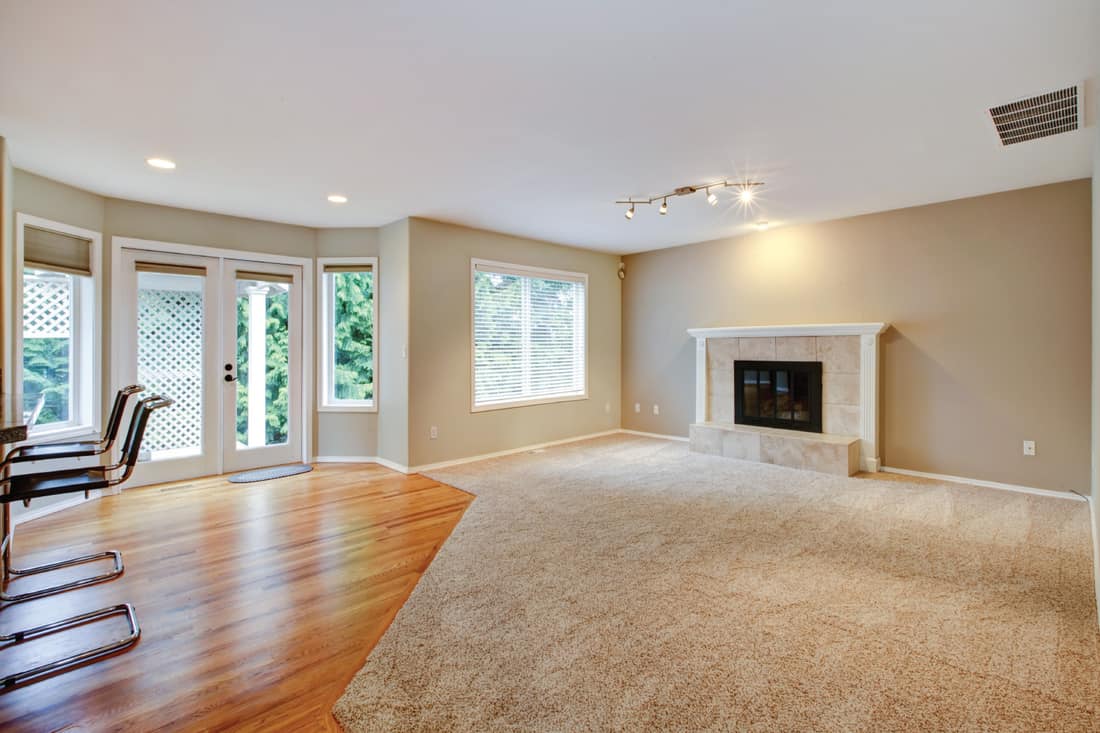 vacant living room with fireplace and half carpeted half laminated floor