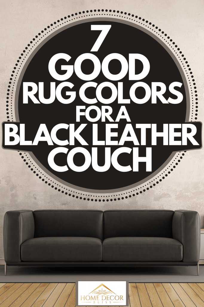 A black square armed sofa, metal framed end table, mock up picture frames, and a faux designed wall, 7 Good Rug Colors For A Black Leather Couch